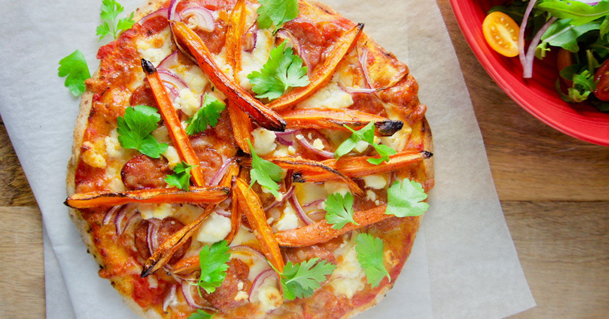 Roast carrot, feta and chorizo pizza Hills District Mums
