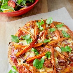 Roast carrot, feta and chorizo pizza